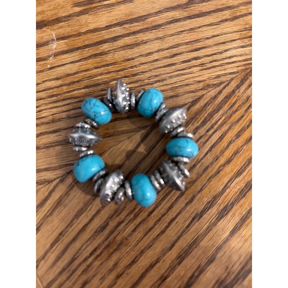 Turquoise Silver Tone Boho Stretch bracelet Southwestern Chunky Beaded Statement